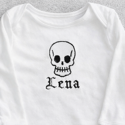 Custom skull embroidered personalised baby wear by Rebel Needleworks - gothic baby gift UK