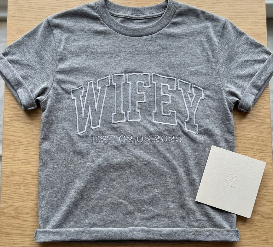 Custom wifey embroidered sweatshirt by Rebel Needleworks - personalised bridal gift UK