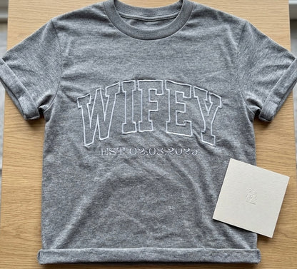 Custom wifey embroidered sweatshirt by Rebel Needleworks - personalised bridal gift UK