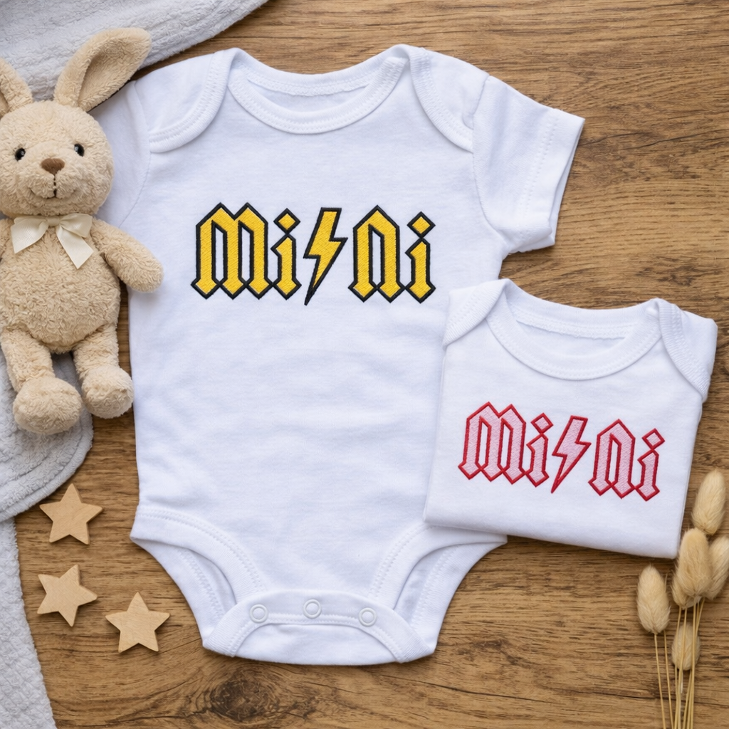 MINI lightning bolt embroidered baby grow by Rebel Needleworks - personalised rock baby gift UK