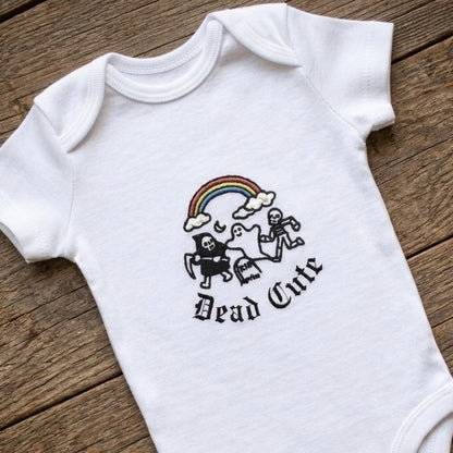 Custom Dead Cute Party embroidered baby grow by Rebel Needleworks - alternative gothic baby gift UK