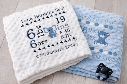 Birth announcement embroidered bubble baby blanket by Rebel Needleworks - personalised newborn keepsake UK
