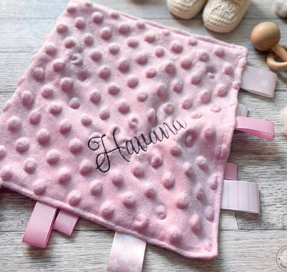 Custom name taggy comforter by Rebel Needleworks - personalised embroidered baby gift UK