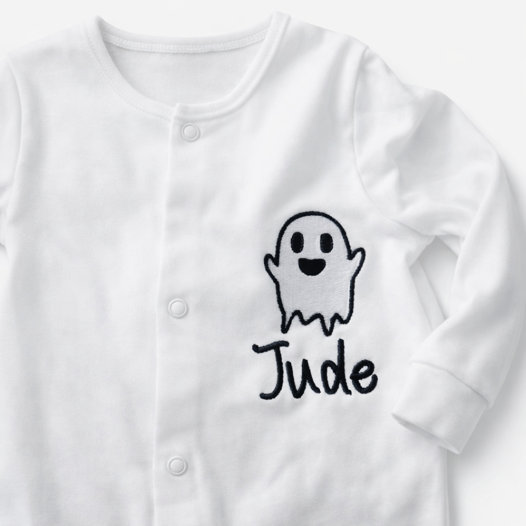Embroidered personalised ghost sleepsuit by Rebel Needleworks - gothic Halloween baby gift UK