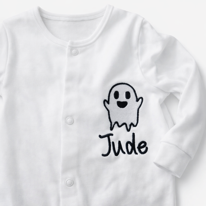Embroidered personalised ghost sleepsuit by Rebel Needleworks - gothic Halloween baby gift UK