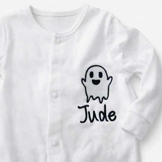 Embroidered personalised ghost sleepsuit by Rebel Needleworks - gothic Halloween baby gift UK