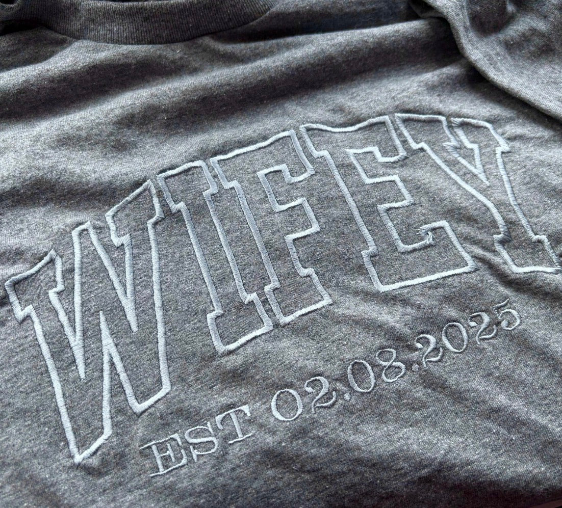 Custom wifey personalised embroidered top by Rebel Needleworks - bridal wedding gift UK