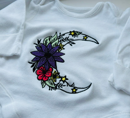 Rebel Needleworks celestial moon embroidered baby grow - alternative gothic baby gift UK