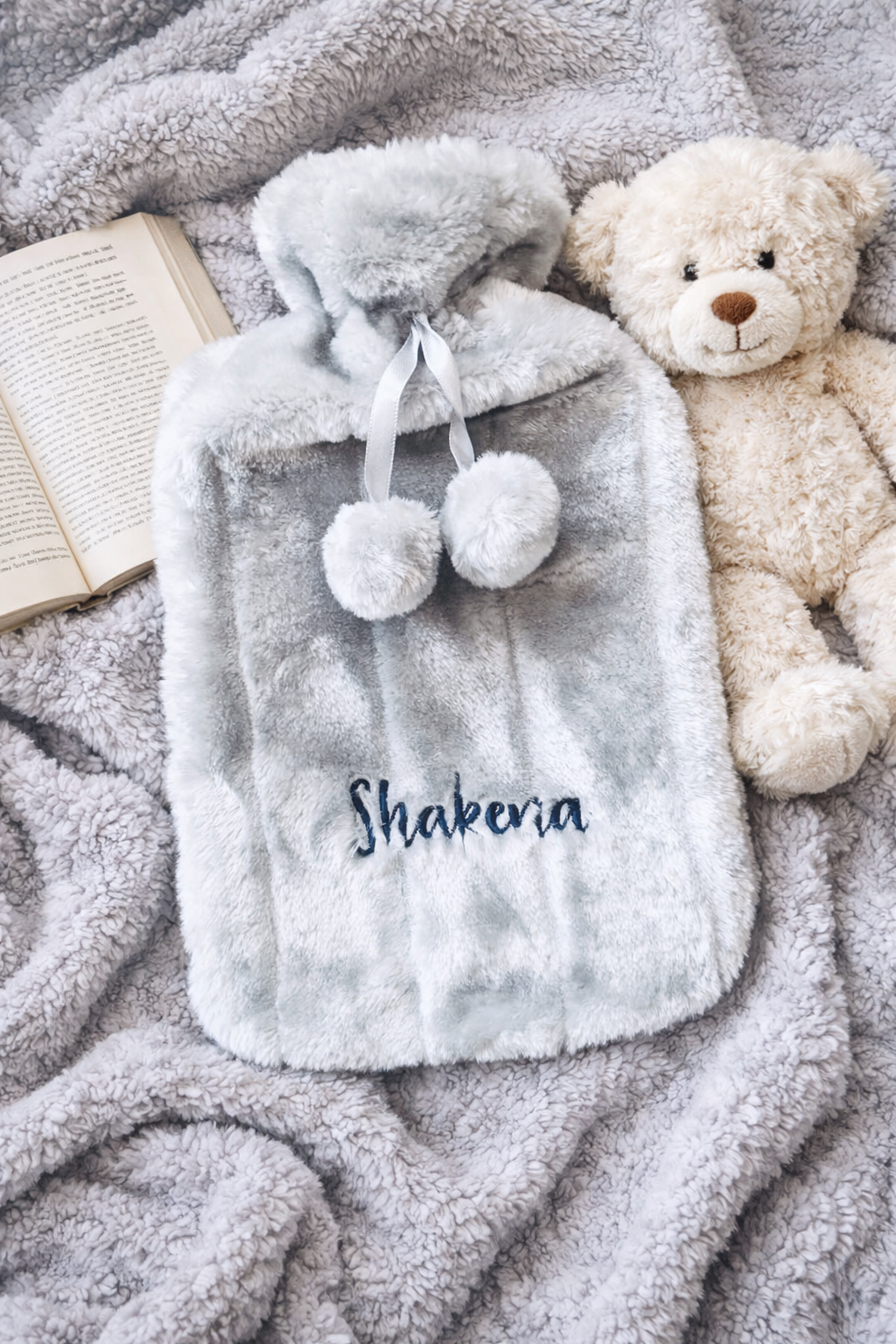 Personalised embroidered plush hot water bottle by Rebel Needleworks - custom name gift UK
