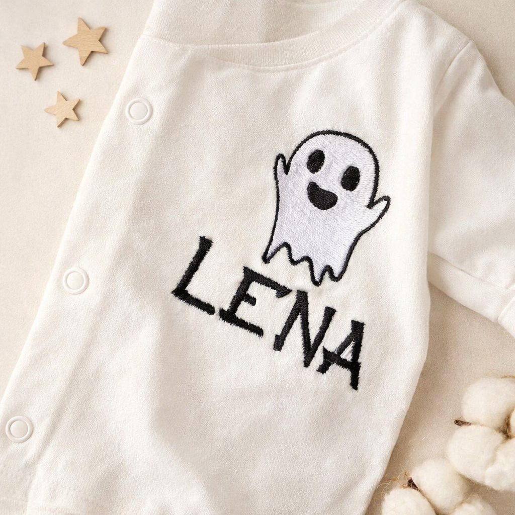 Custom ghost embroidered sleepsuit by Rebel Needleworks - personalised Halloween baby gift UK