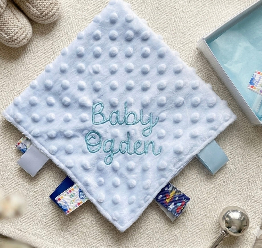 Embroidered taggy comforter personalised by Rebel Needleworks - custom baby shower gift UK