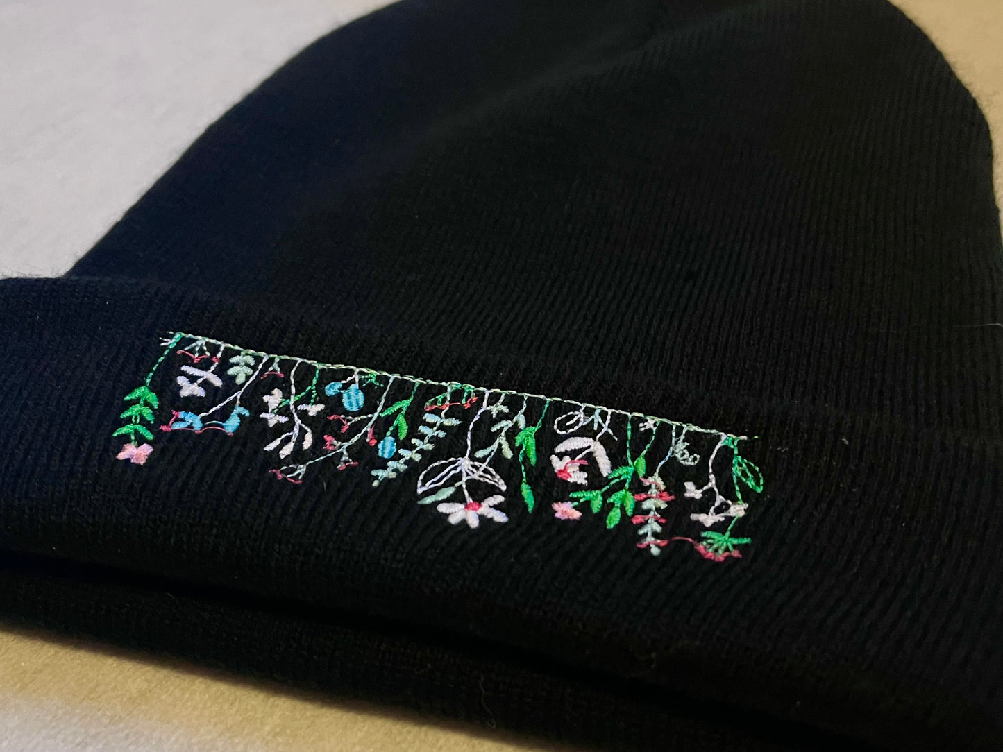 Wildflower Embroidered Black Beanie Hat