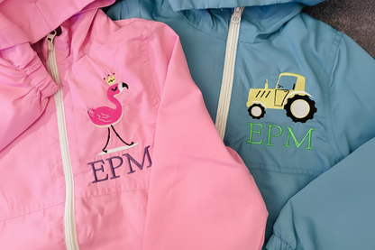 Custom embroidered kids raincoat by Rebel Needleworks - personalised children rain jacket UK