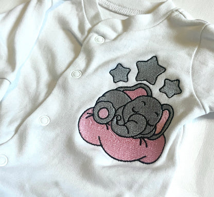 Rebel Needleworks elephant embroidered baby sleepsuit - custom personalised newborn gift UK