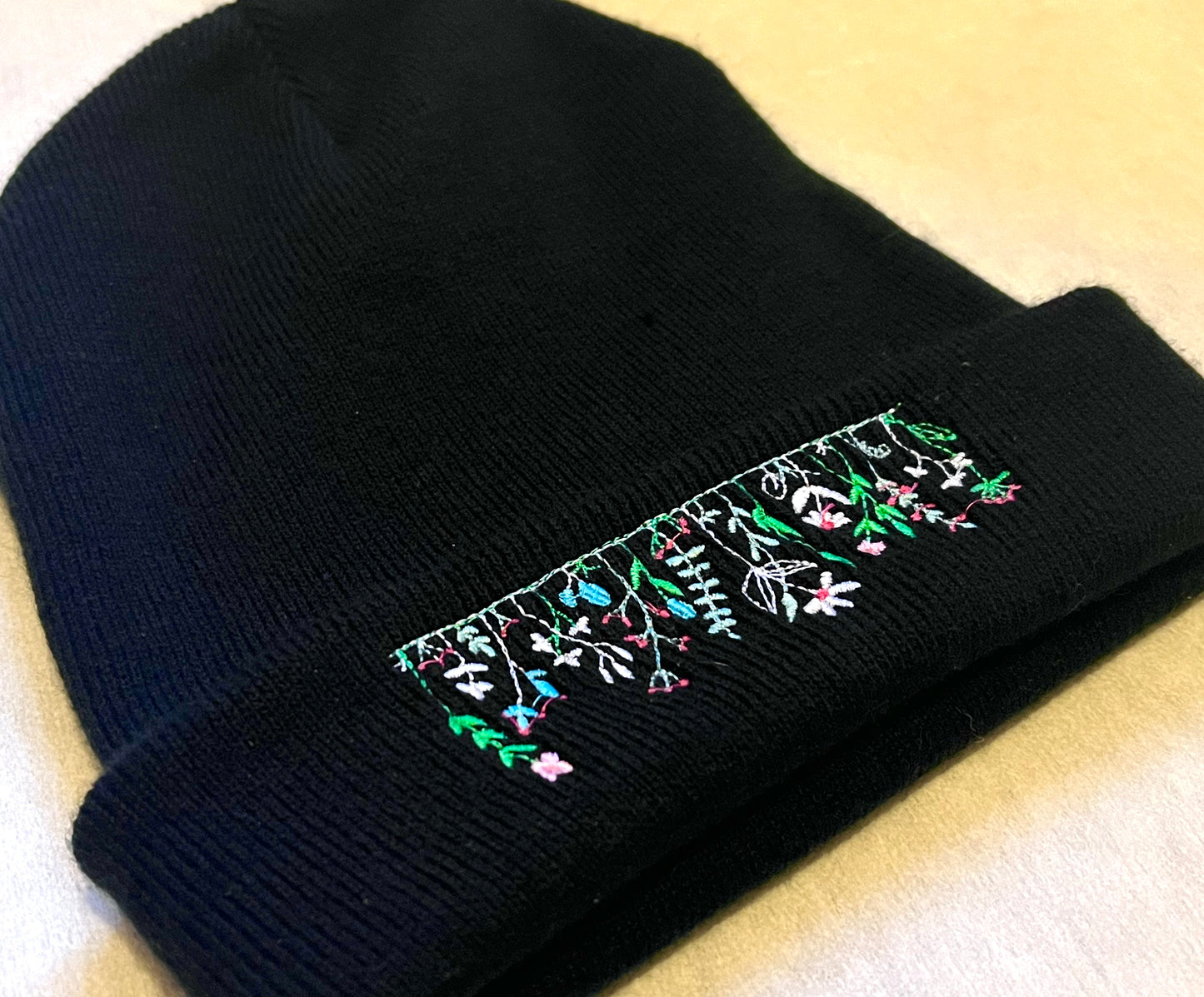 Wildflower Embroidered Black Beanie Hat