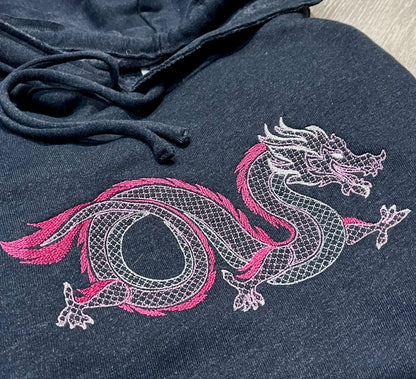 Custom dragon embroidered hoodie by Rebel Needleworks - alternative gothic personalised hoodie UK