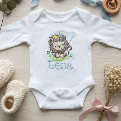Custom lion embroidered personalised baby grow by Rebel Needleworks - baby animal gift UK