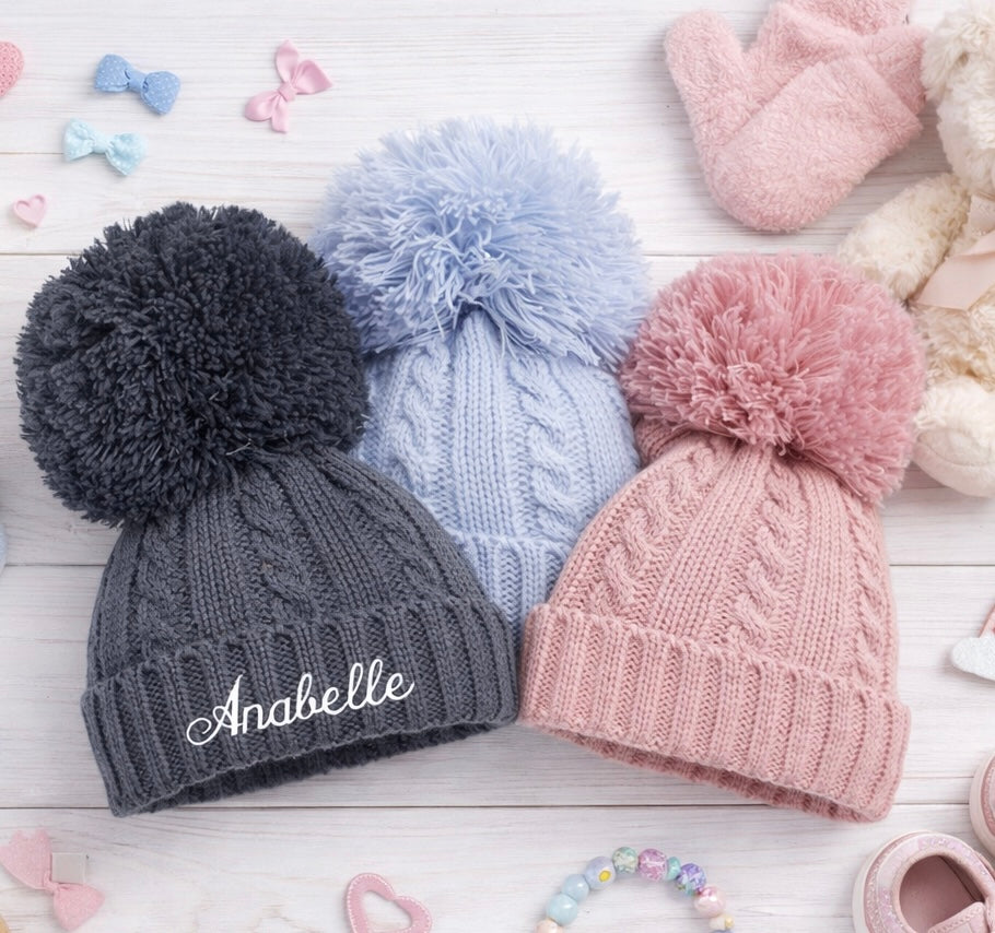 Personalised embroidered baby bobble hat by Rebel Needleworks - custom name baby hat gift UK