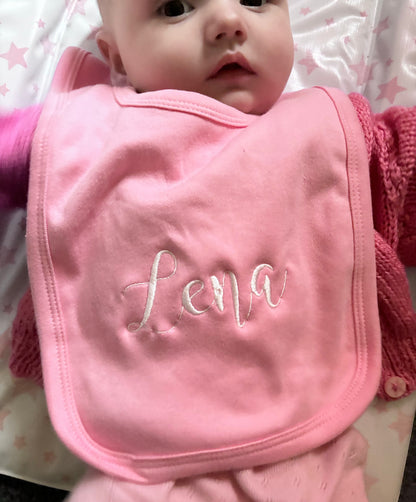 Rebel Needleworks embroidered baby pull over bib - personalised baby gift UK