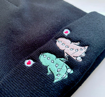 Custom kawaii dinosaur embroidered beanie by Rebel Needleworks - cute alternative hat UK