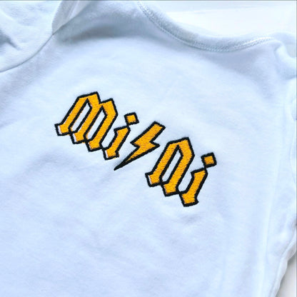 Alternative rock baby grow by Rebel Needleworks - MINI lightning bolt embroidered baby gift UK
