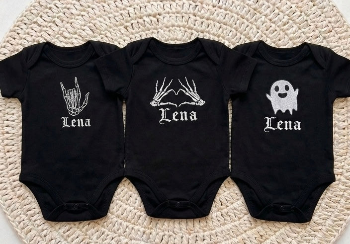 Personalised Set of 3 Gothic Baby Grows | Custom Embroidered Gothic Black Bodysuit Gift Set | Alternative Baby Clothes UK