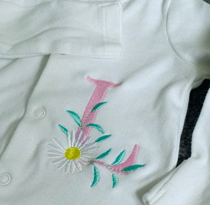 Rebel Needleworks pink daisy monogram embroidered sleepsuit - personalised baby girl gift UK