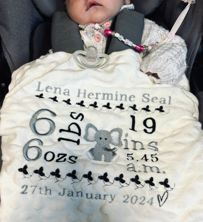 Custom embroidered birth announcement baby blanket by Rebel Needleworks - personalised baby gift UK