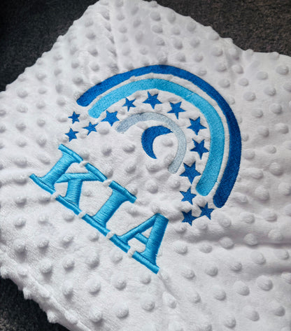 Custom moon and stars embroidered baby blanket by Rebel Needleworks - personalised baby shower gift UK