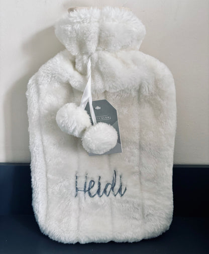 Custom embroidered personalised hot water bottle by Rebel Needleworks - plush knitted gift UK