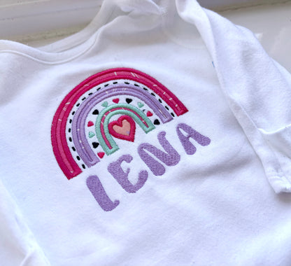 Embroidered rainbow applique personalised baby grow by Rebel Needleworks - custom newborn gift UK