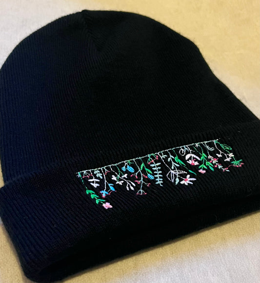 Wildflower Embroidered Black Beanie Hat