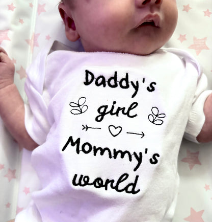 Daddy's Girl Mommy's World embroidered baby grow by Rebel Needleworks - personalised baby gift UK