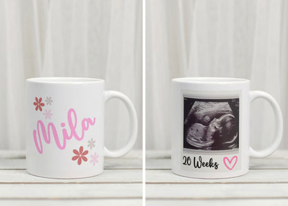Baby girl personalised scan photo mug by Rebel Needleworks - custom pregnancy announcement gift mug UK