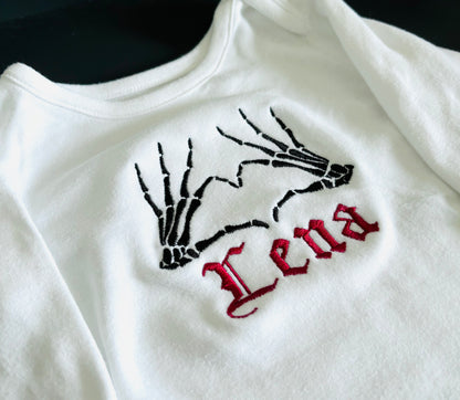 Rebel Needleworks personalised skeleton heart baby onesie - embroidered gothic baby gift UK