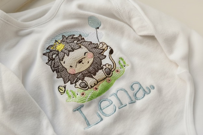 Rebel Needleworks personalised lion embroidered baby grow - custom baby clothing gift UK