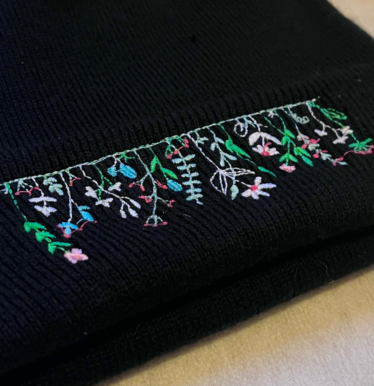 Wildflower Embroidered Black Beanie Hat