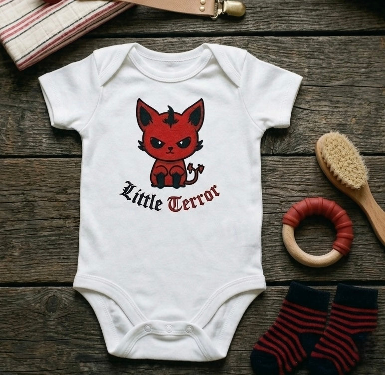 "Little Terror" Embroidered Devil Cat Baby Grow