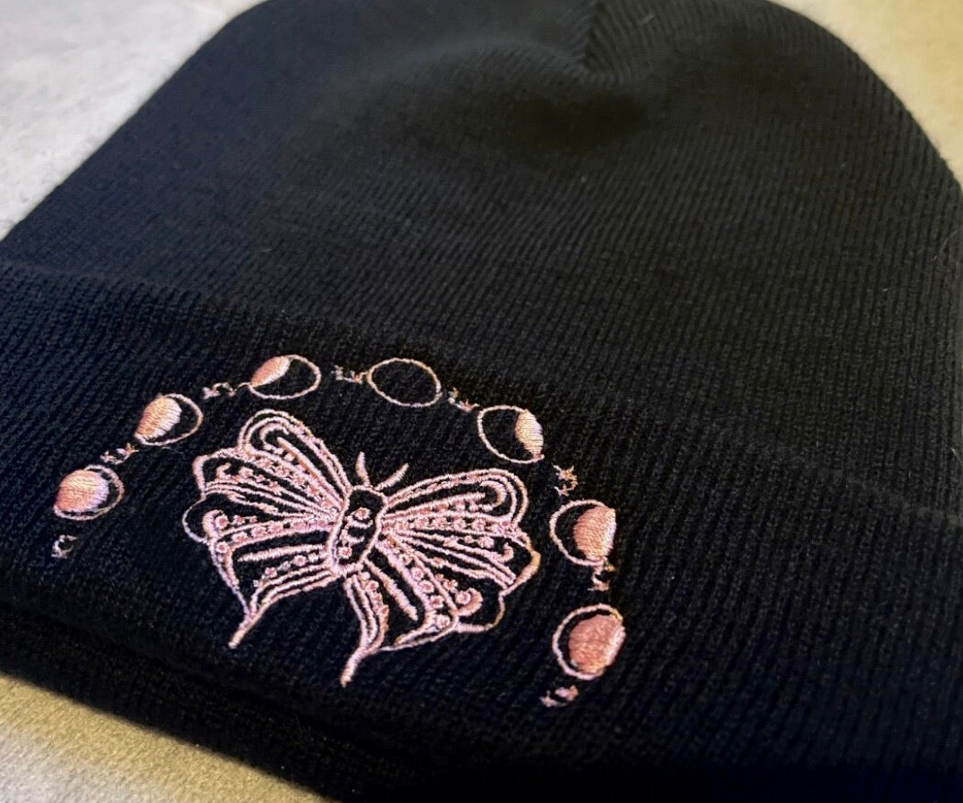 Custom moth moon phases embroidered beanie by Rebel Needleworks - alternative gothic hat UK