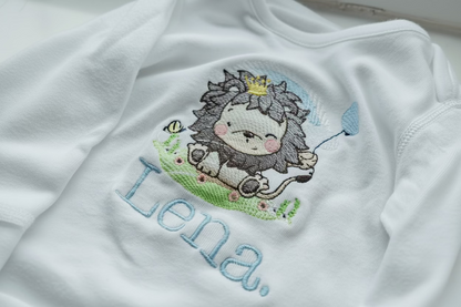 Embroidered lion personalised baby grow by Rebel Needleworks - custom animal baby gift UK