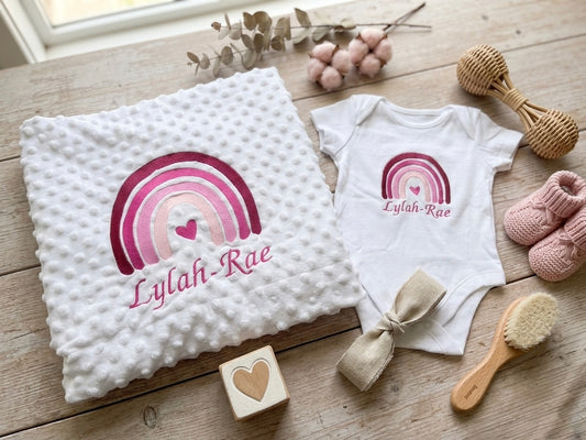 Custom Embroidered Rainbow Baby Blanket & Bodysuit Set
