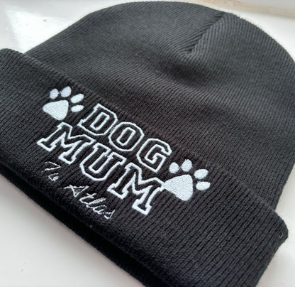 Dog mum embroidered beanie by Rebel Needleworks - personalised dog lover hat UK