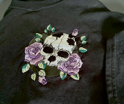Custom skull and flowers embroidered tee by Rebel Needleworks - gothic alternative top UK