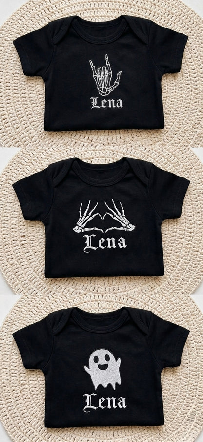 Personalised Set of 3 Gothic Baby Grows | Custom Embroidered Gothic Black Bodysuit Gift Set | Alternative Baby Clothes UK