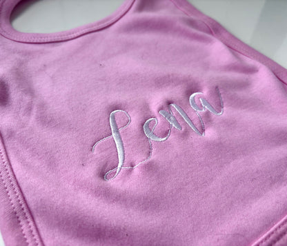Personalised embroidered baby bib by Rebel Needleworks - custom pull over bib gift UK