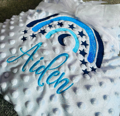 Custom blue dimple baby blanket with moon and stars by Rebel Needleworks - personalised gift UK