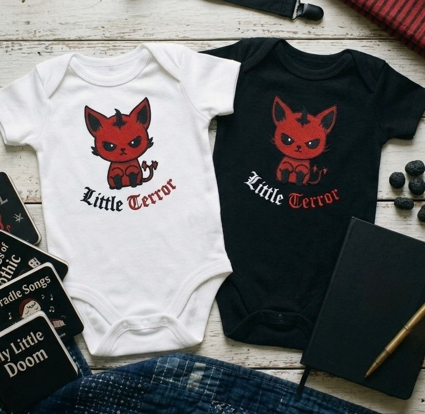 "Little Terror" Embroidered Devil Cat Baby Grow