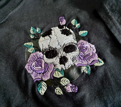 Skull and flowers embroidered t-shirt by Rebel Needleworks - gothic alternative unisex top UK