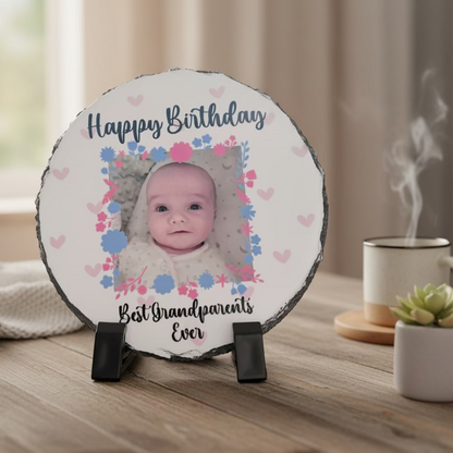Custom personalised circular rock slate with stand by Rebel Needleworks - bespoke photo gift UK