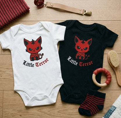 "Little Terror" Embroidered Devil Cat Baby Grow